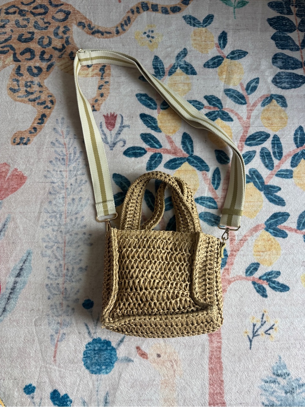 H&M Natural Beige Woven Straw Crossbody Bag with Striped Strap